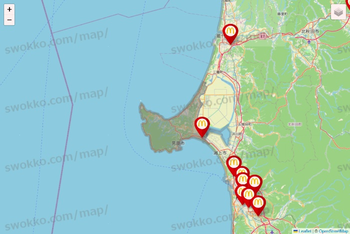 秋田県のマクドナルドの店舗地図
