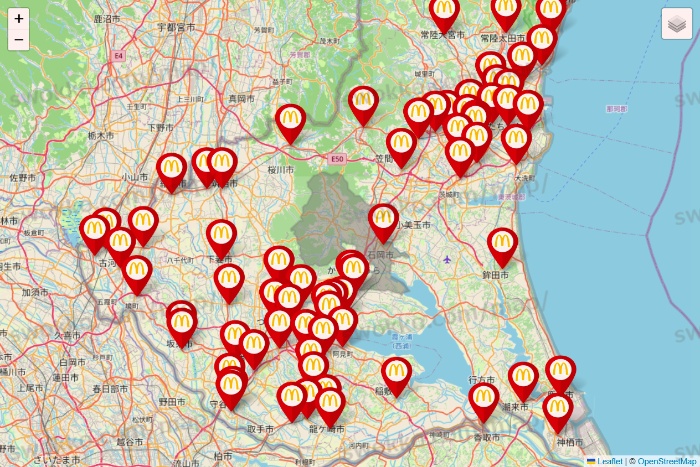 茨城県のマクドナルドの店舗地図