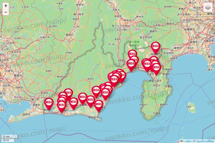 静岡県のミラフィットネスの店舗地図