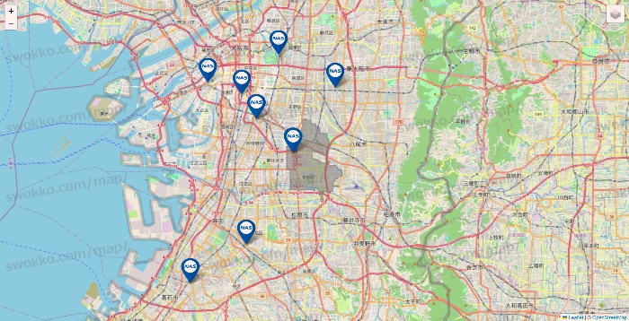大阪府のスポーツクラブNASの店舗地図
