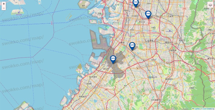 大阪府のスポーツクラブNASの店舗地図