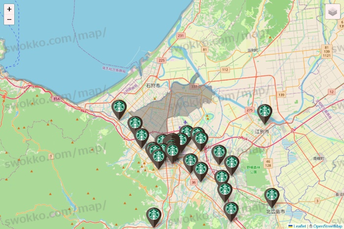 北海道のスターバックスの店舗地図