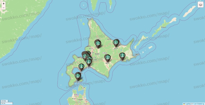 北海道のスターバックスの店舗地図