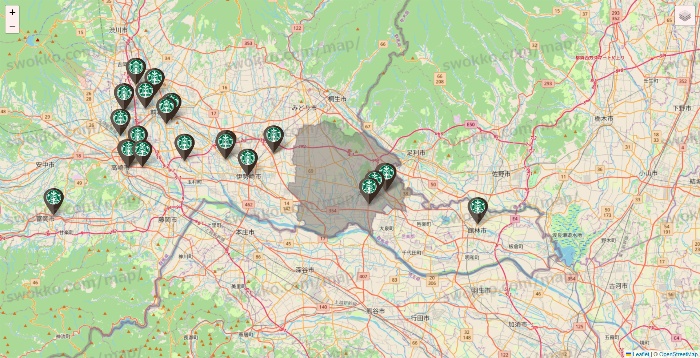 群馬県のスターバックスの店舗地図