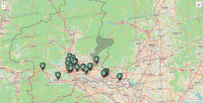 群馬県のスターバックスの店舗地図