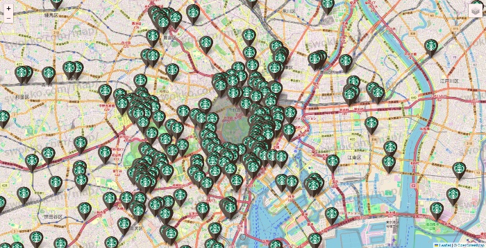 東京都のスターバックスの店舗地図