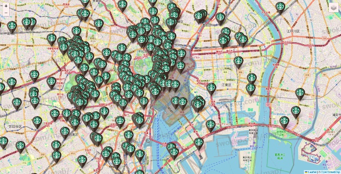 東京都のスターバックスの店舗地図