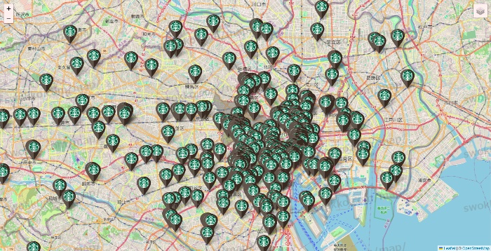 東京都のスターバックスの店舗地図
