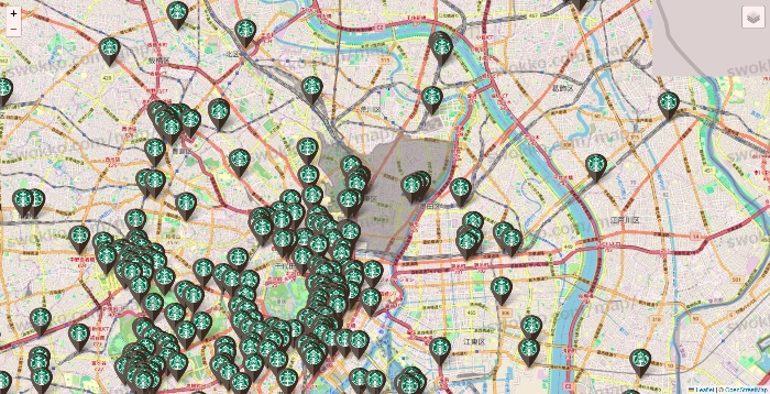 東京都のスターバックスの店舗地図