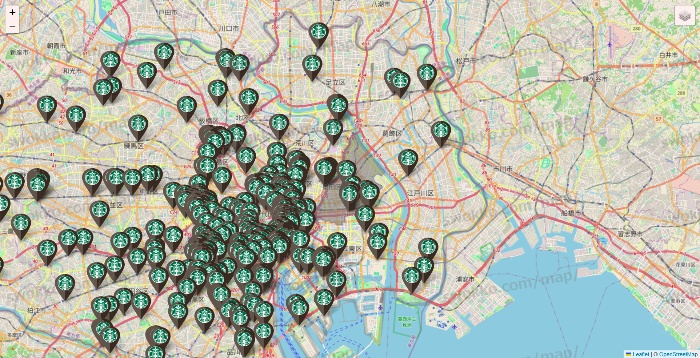 東京都のスターバックスの店舗地図
