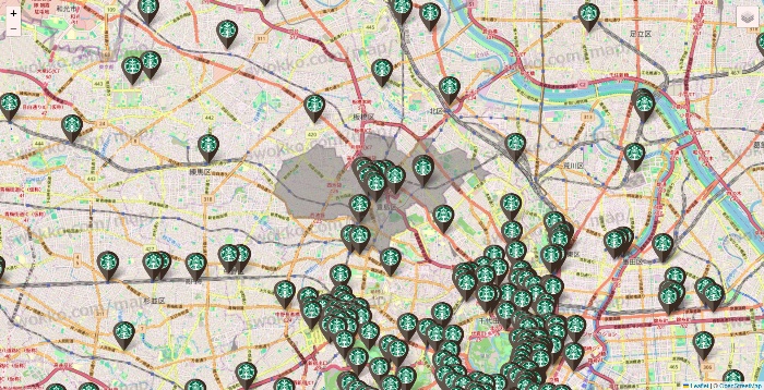 東京都のスターバックスの店舗地図