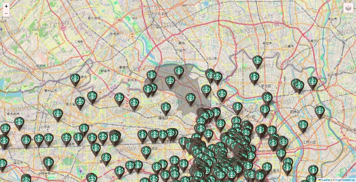 東京都のスターバックスの店舗地図