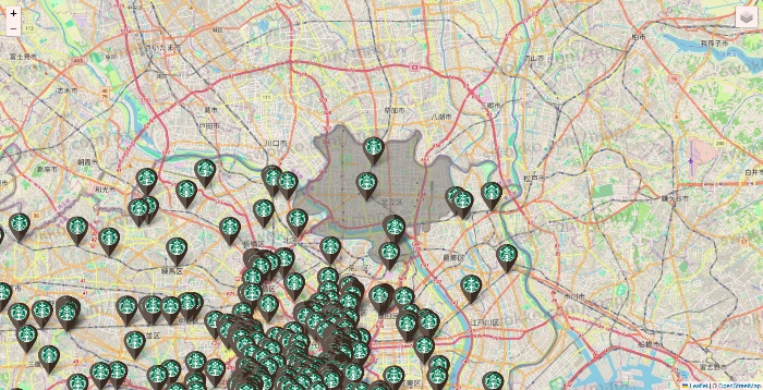 東京都のスターバックスの店舗地図