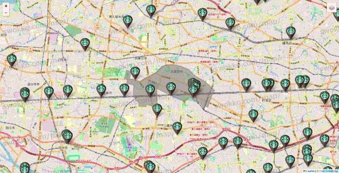 東京都のスターバックスの店舗地図