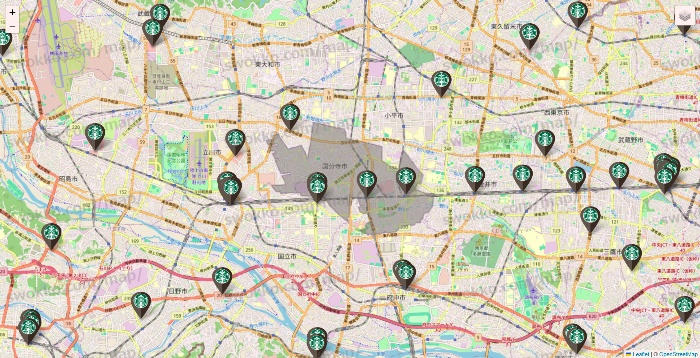 東京都のスターバックスの店舗地図