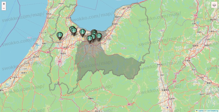 富山県のスターバックスの店舗地図