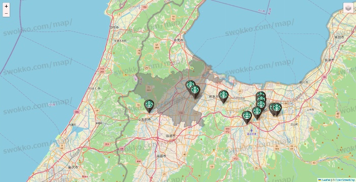 富山県のスターバックスの店舗地図