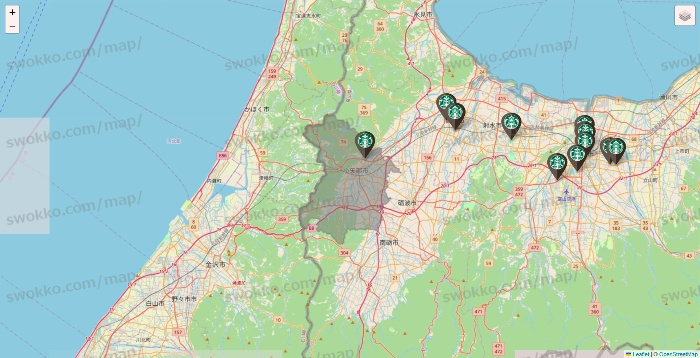 富山県のスターバックスの店舗地図