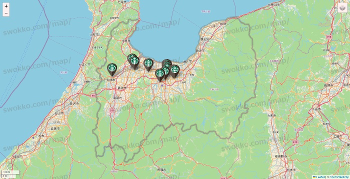 富山県のスターバックスの店舗地図