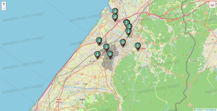 石川県のスターバックスの店舗地図