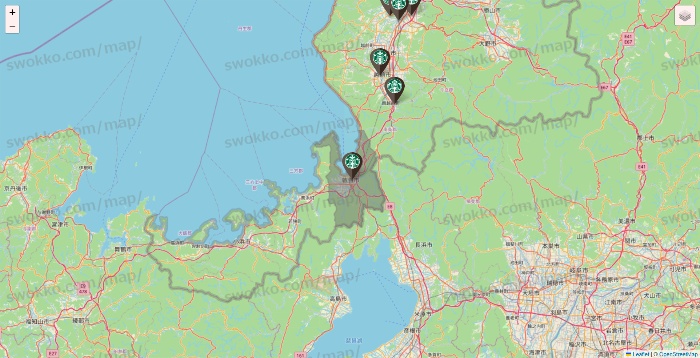 福井県のスターバックスの店舗地図