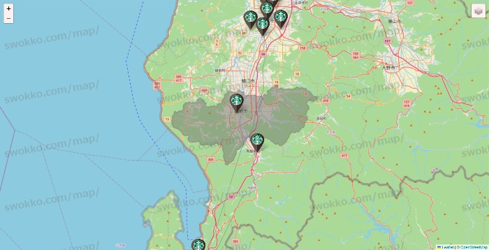 福井県のスターバックスの店舗地図