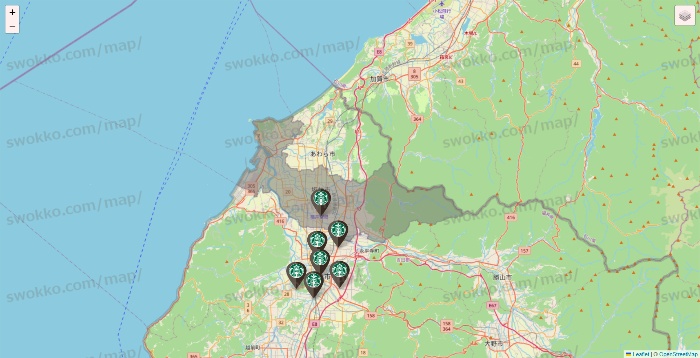福井県のスターバックスの店舗地図