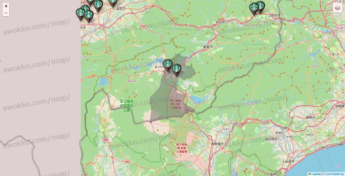 山梨県のスターバックスの店舗地図