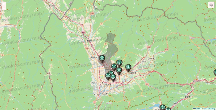 山梨県のスターバックスの店舗地図