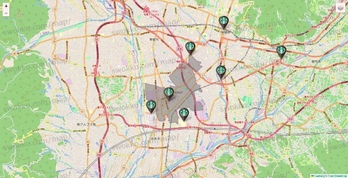 山梨県のスターバックスの店舗地図