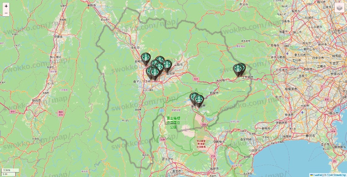 山梨県のスターバックスの店舗地図
