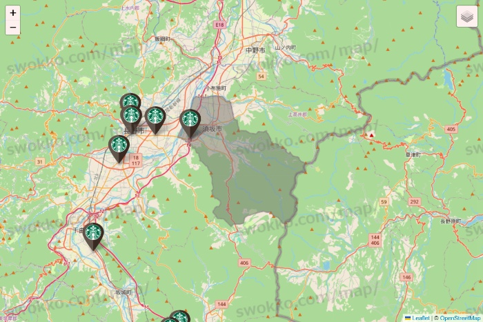 長野県のスターバックスの店舗地図