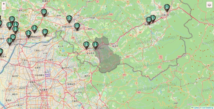 岐阜県のスターバックスの店舗地図
