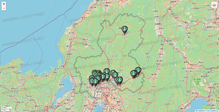 岐阜県のスターバックスの店舗地図