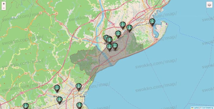 静岡県のスターバックスの店舗地図