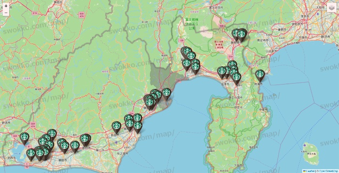 静岡県のスターバックスの店舗地図