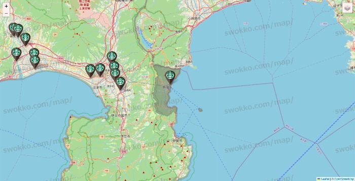 静岡県のスターバックスの店舗地図