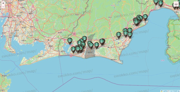 静岡県のスターバックスの店舗地図