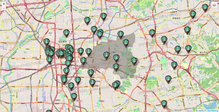 愛知県のスターバックスの店舗地図