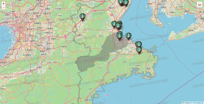 三重県のスターバックスの店舗地図