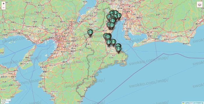 三重県のスターバックスの店舗地図