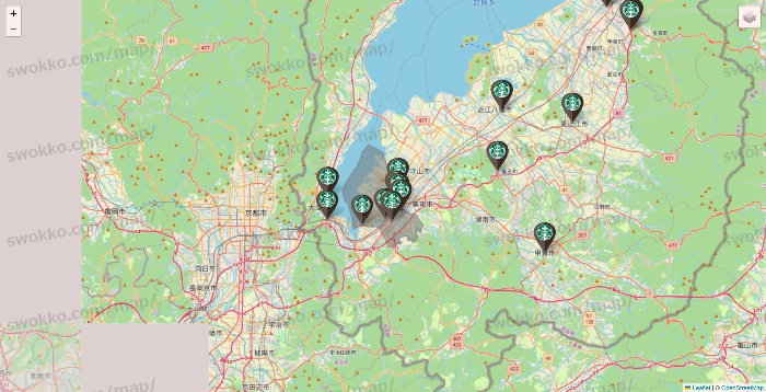 滋賀県のスターバックスの店舗地図