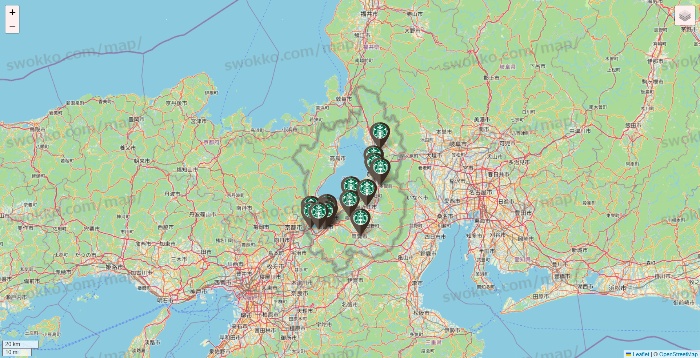 滋賀県のスターバックスの店舗地図