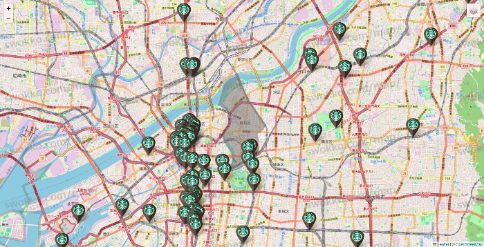 大阪府のスターバックスの店舗地図
