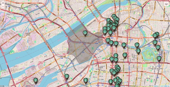 大阪府のスターバックスの店舗地図