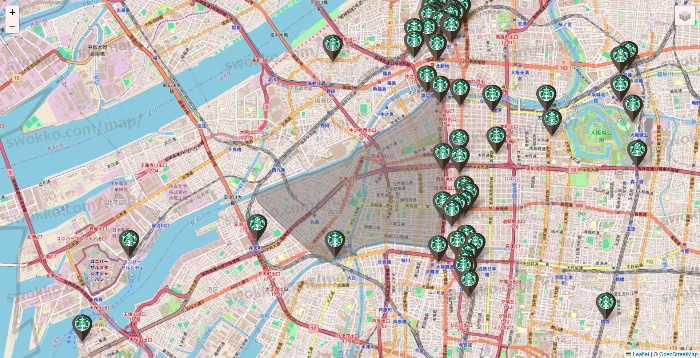 大阪府のスターバックスの店舗地図