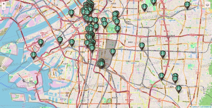 大阪府のスターバックスの店舗地図
