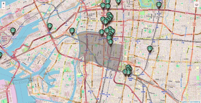 大阪府のスターバックスの店舗地図