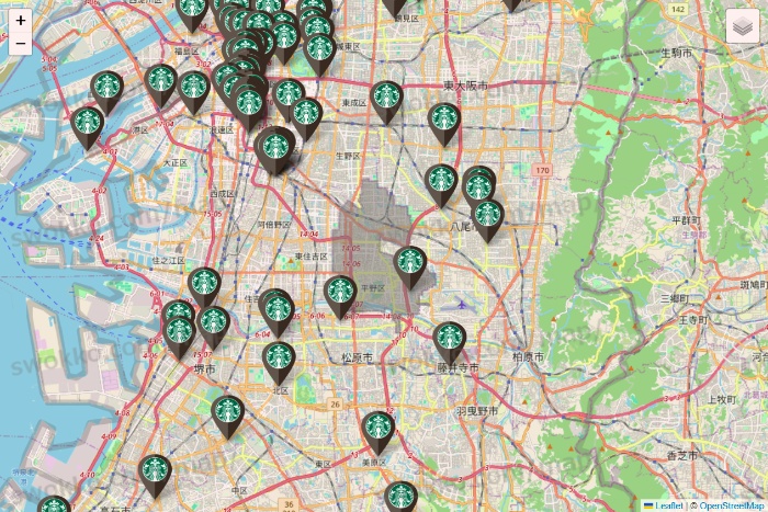 大阪府のスターバックスの店舗地図