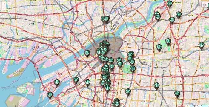 大阪府のスターバックスの店舗地図